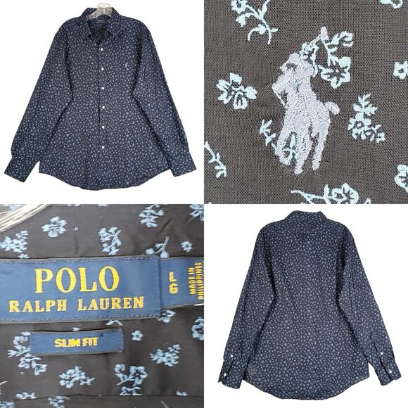 Polo Ralph Lauren Oxford Shirt Mens Size Large L Button Down Blue Floral Slim - Picture 1 of 11